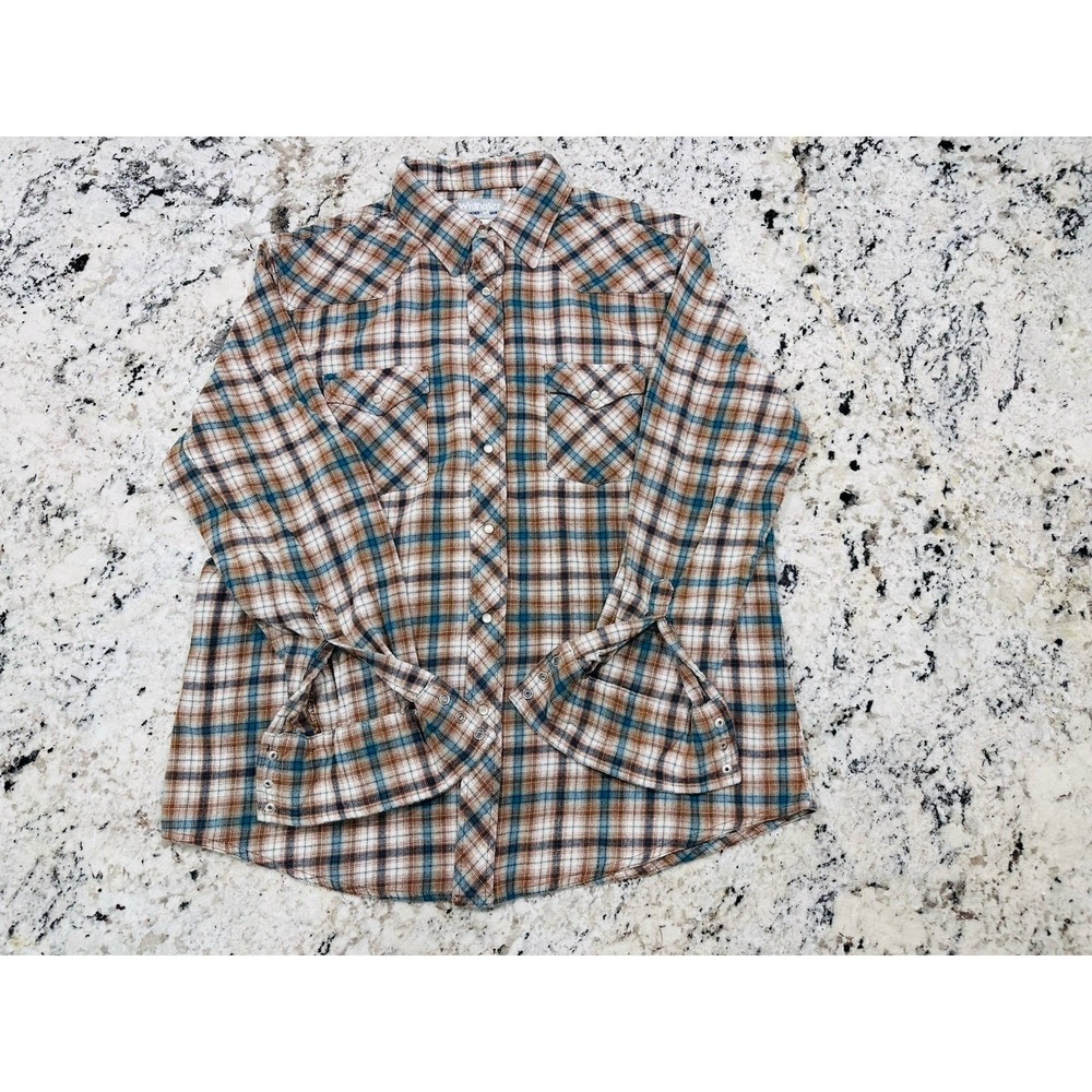 NWOT Wrangler Western Pearl Snap Flannel‎ Shirt Men's XL Brown Blue Plaid - Picture 7 of 11